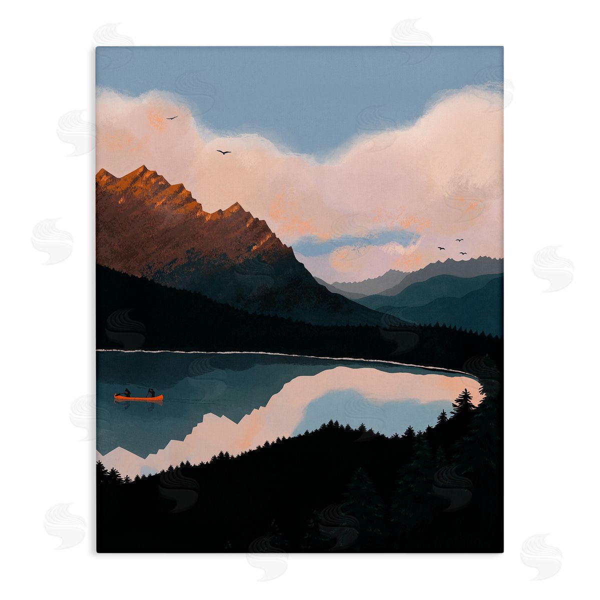 Abi Hall Mountain Range River Canoe Cloudy Wilderness Birds  Stretched Canvas Wall Art Print