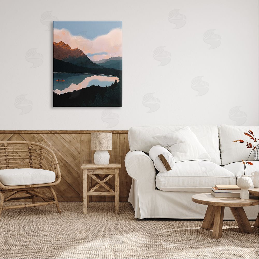 Abi Hall Mountain Range River Canoe Cloudy Wilderness Birds  Canvas Wall Art Print in Room