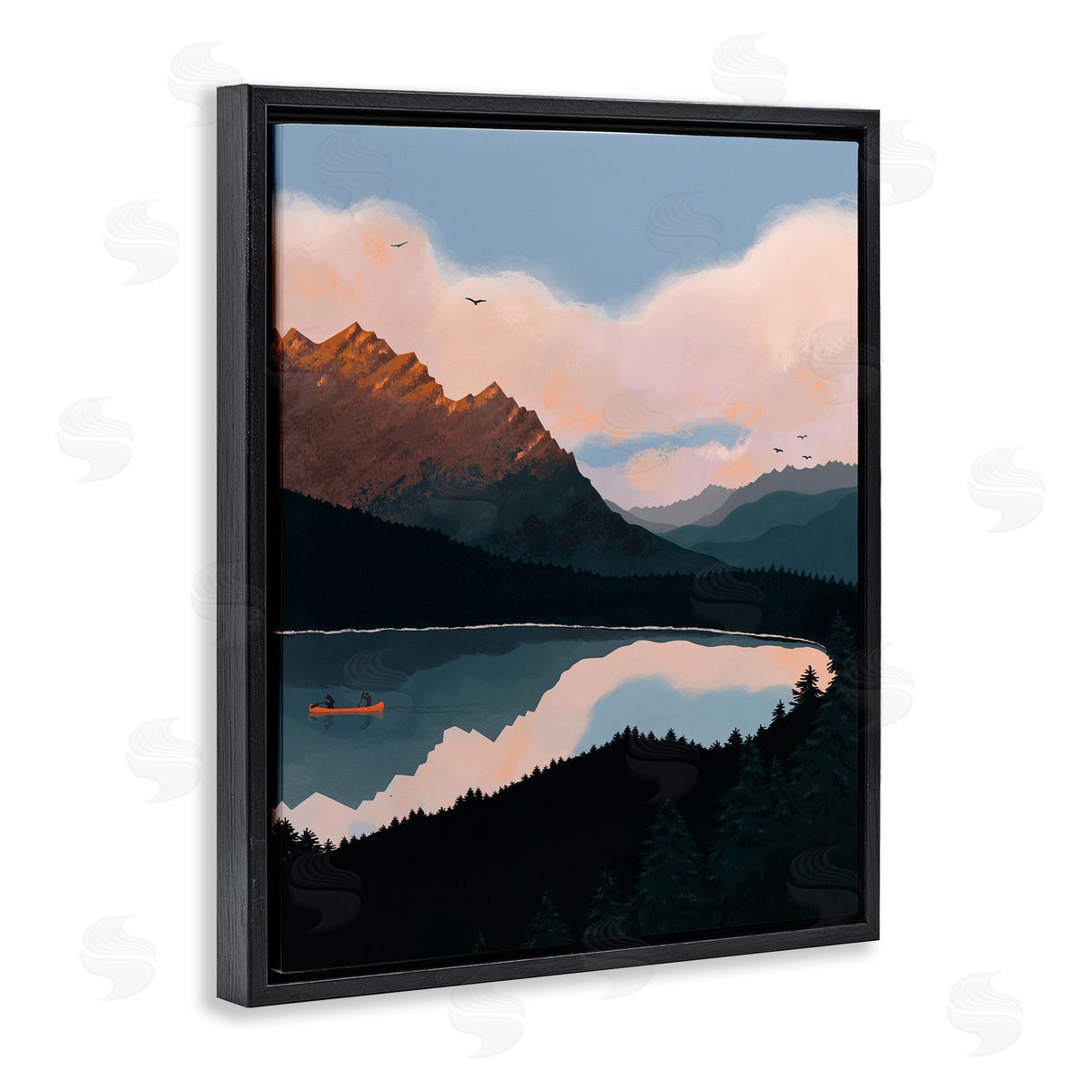Abi Hall Mountain Range River Canoe Cloudy Wilderness Birds  Black Floating Frame Canvas Wall Art Print
