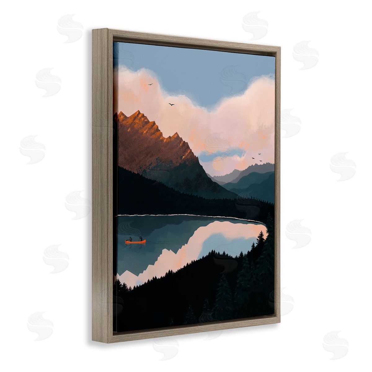 Abi Hall Mountain Range River Canoe Cloudy Wilderness Birds  Brown Floating Frame Canvas Wall Art Print