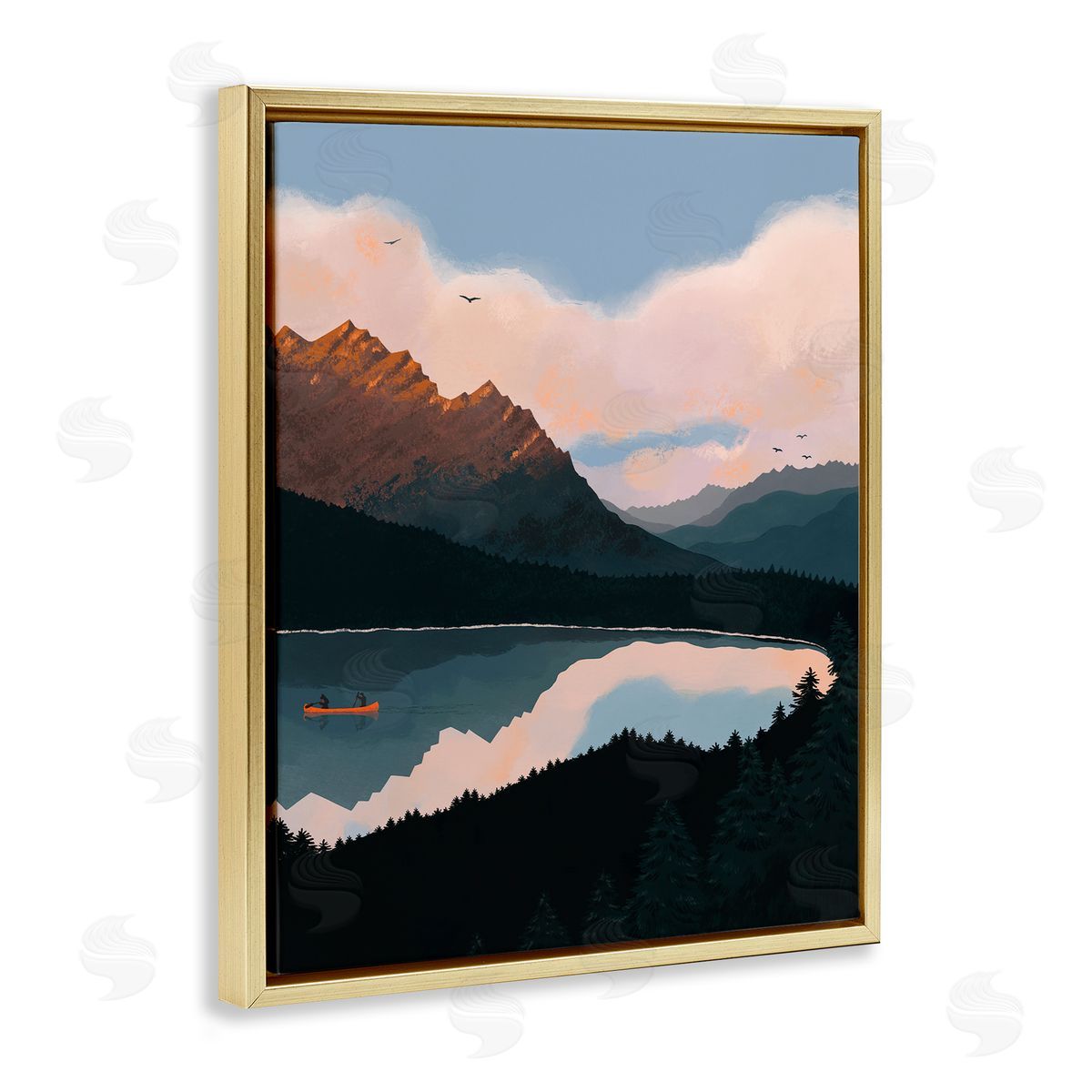 Abi Hall Mountain Range River Canoe Cloudy Wilderness Birds  Gold Floating Frame Canvas Wall Art Print