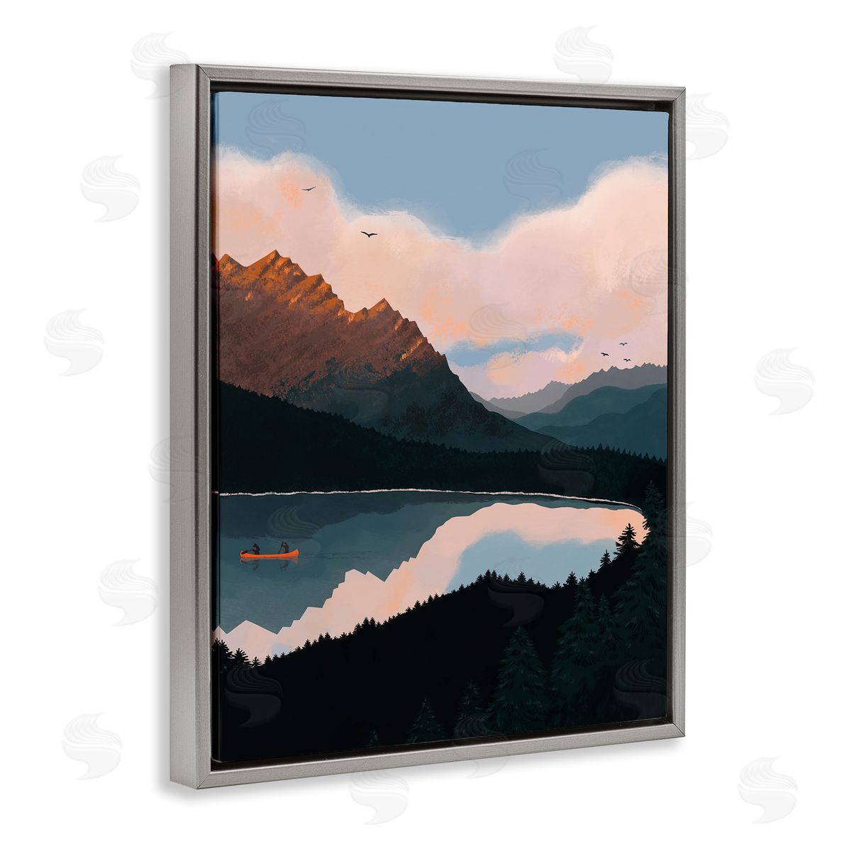 Abi Hall Mountain Range River Canoe Cloudy Wilderness Birds  Gray Floating Frame Canvas Wall Art Print