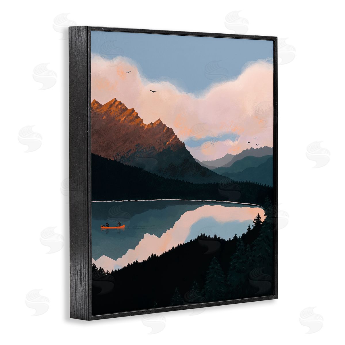 Abi Hall Mountain Range River Canoe Cloudy Wilderness Birds  Black Framed Giclee Wall Art Print
