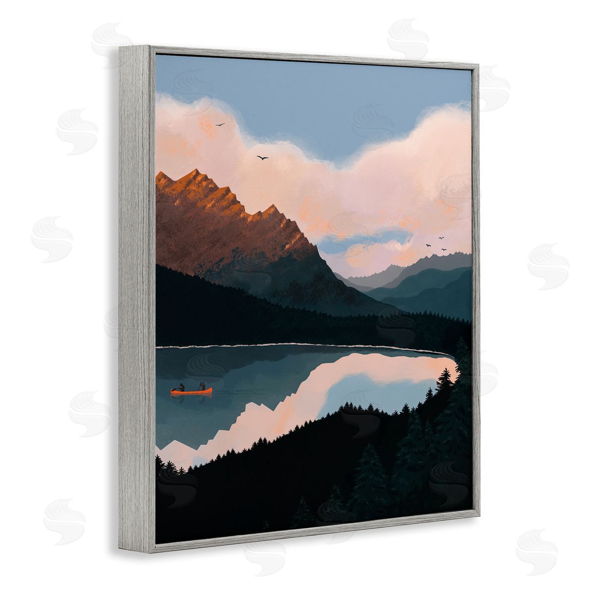 Abi Hall Mountain Range River Canoe Cloudy Wilderness Birds  Gray Framed Giclee Wall Art Print