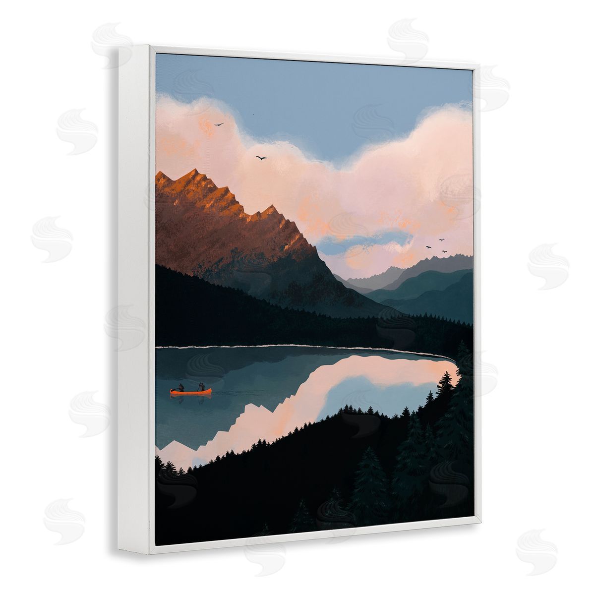 Abi Hall Mountain Range River Canoe Cloudy Wilderness Birds  White Framed Giclee Wall Art Print