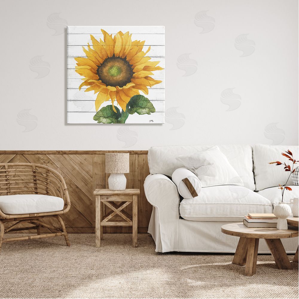 Elizabeth Medley Yellow Sunflower Blossom Bold Petals Rustic Design Canvas Wall Art in Room