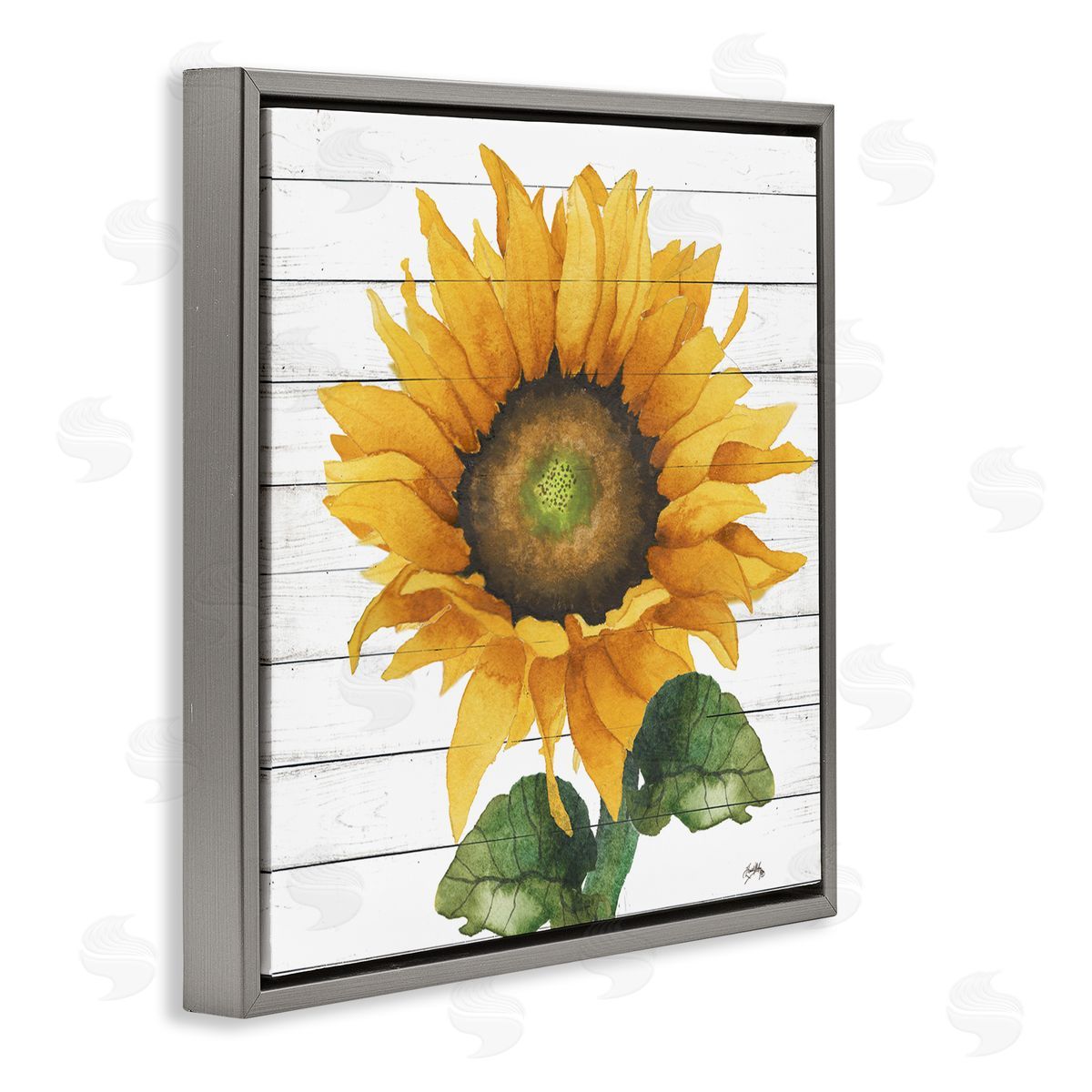 Elizabeth Medley Yellow Sunflower Blossom Bold Petals Rustic Design Gray Floating Frame Canvas Wall Art Print