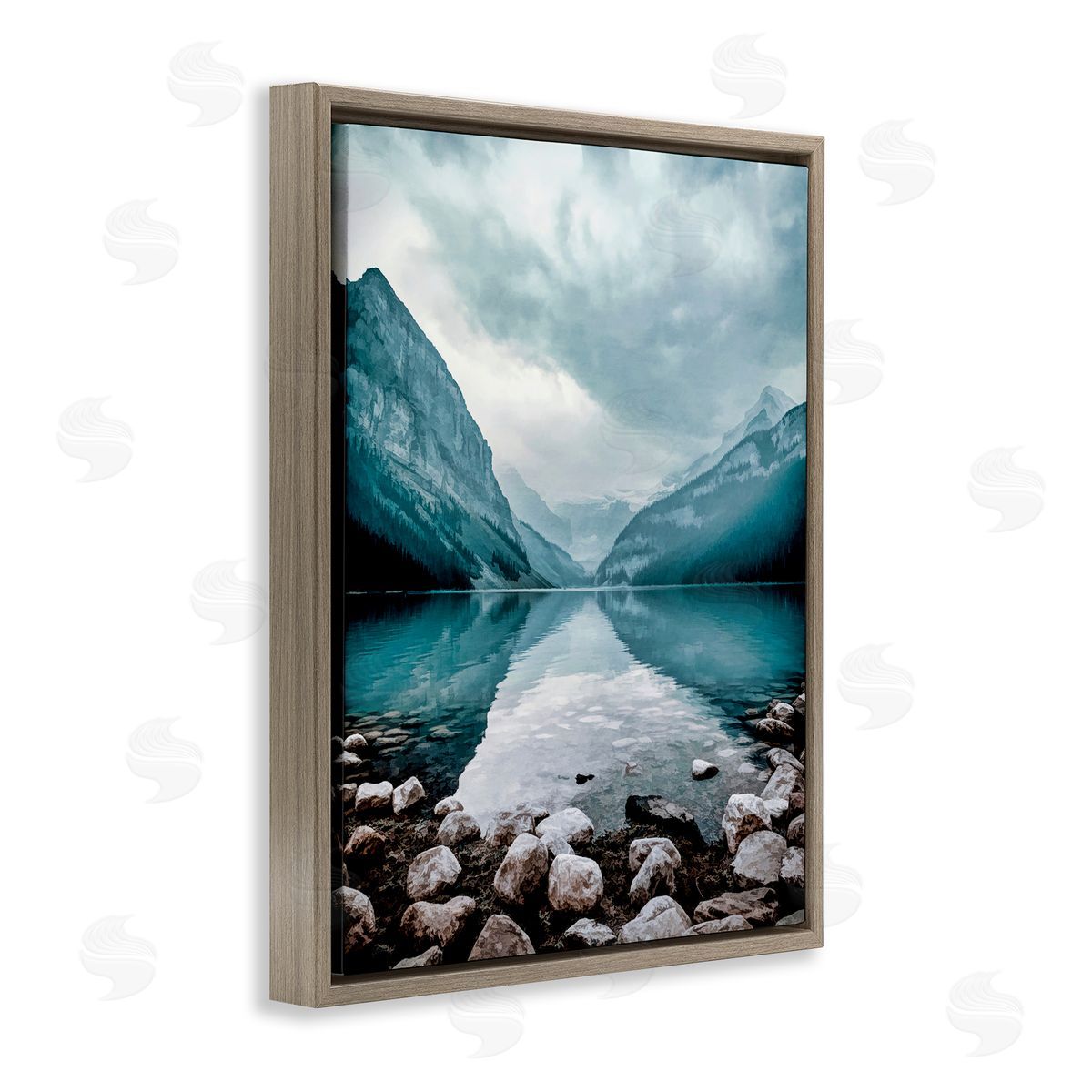 Alpenglow Workshop Breathtaking Rocky River Scenery Blue Mountain Peaks  Brown Floating Frame Canvas Wall Art Print