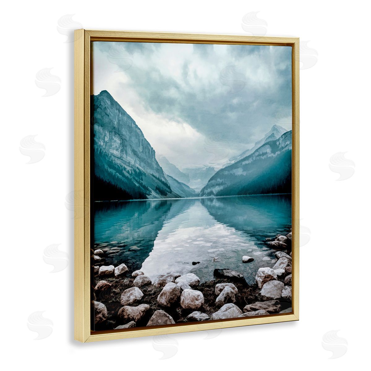 Alpenglow Workshop Breathtaking Rocky River Scenery Blue Mountain Peaks  Gold Floating Frame Canvas Wall Art Print