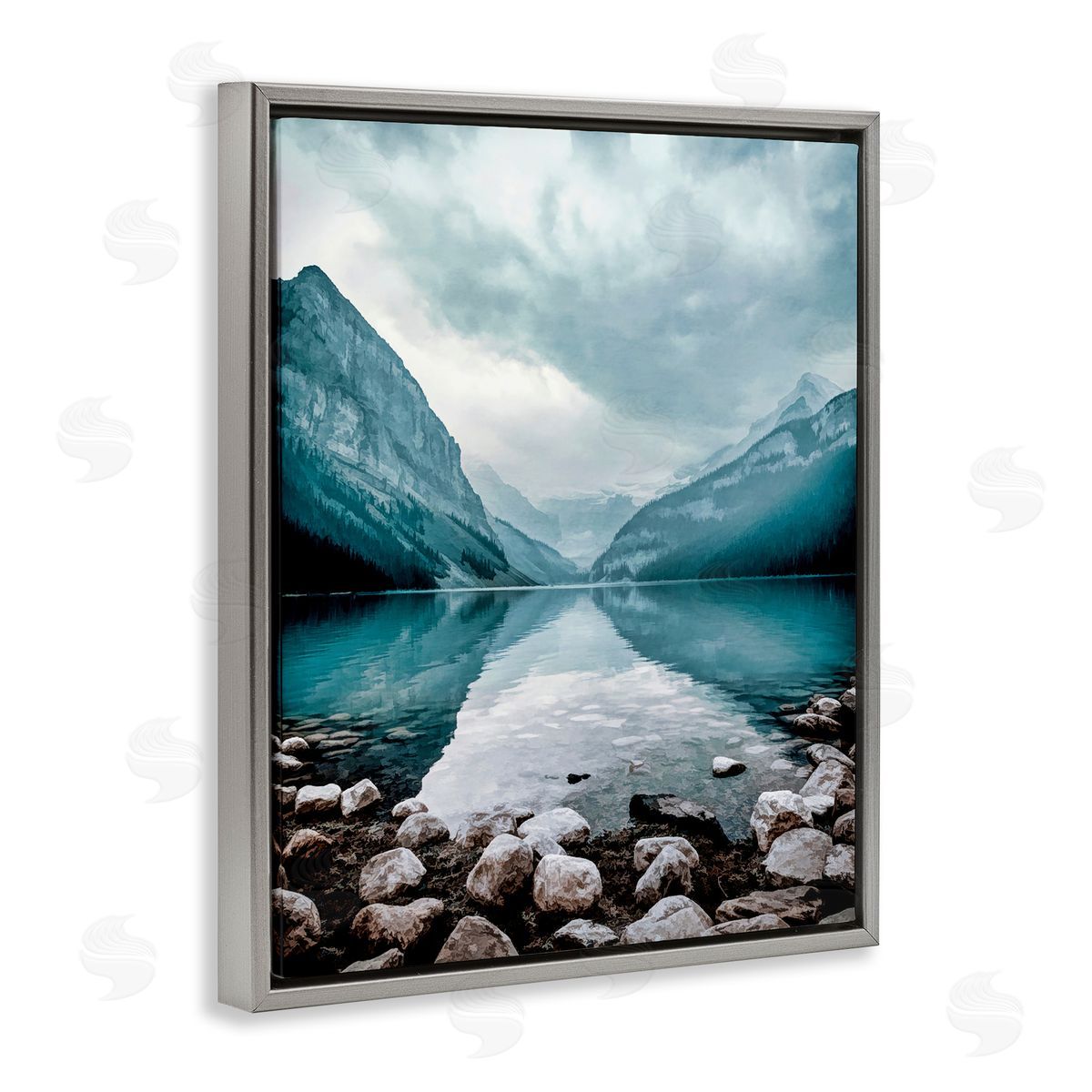 Alpenglow Workshop Breathtaking Rocky River Scenery Blue Mountain Peaks  Gray Floating Frame Canvas Wall Art Print