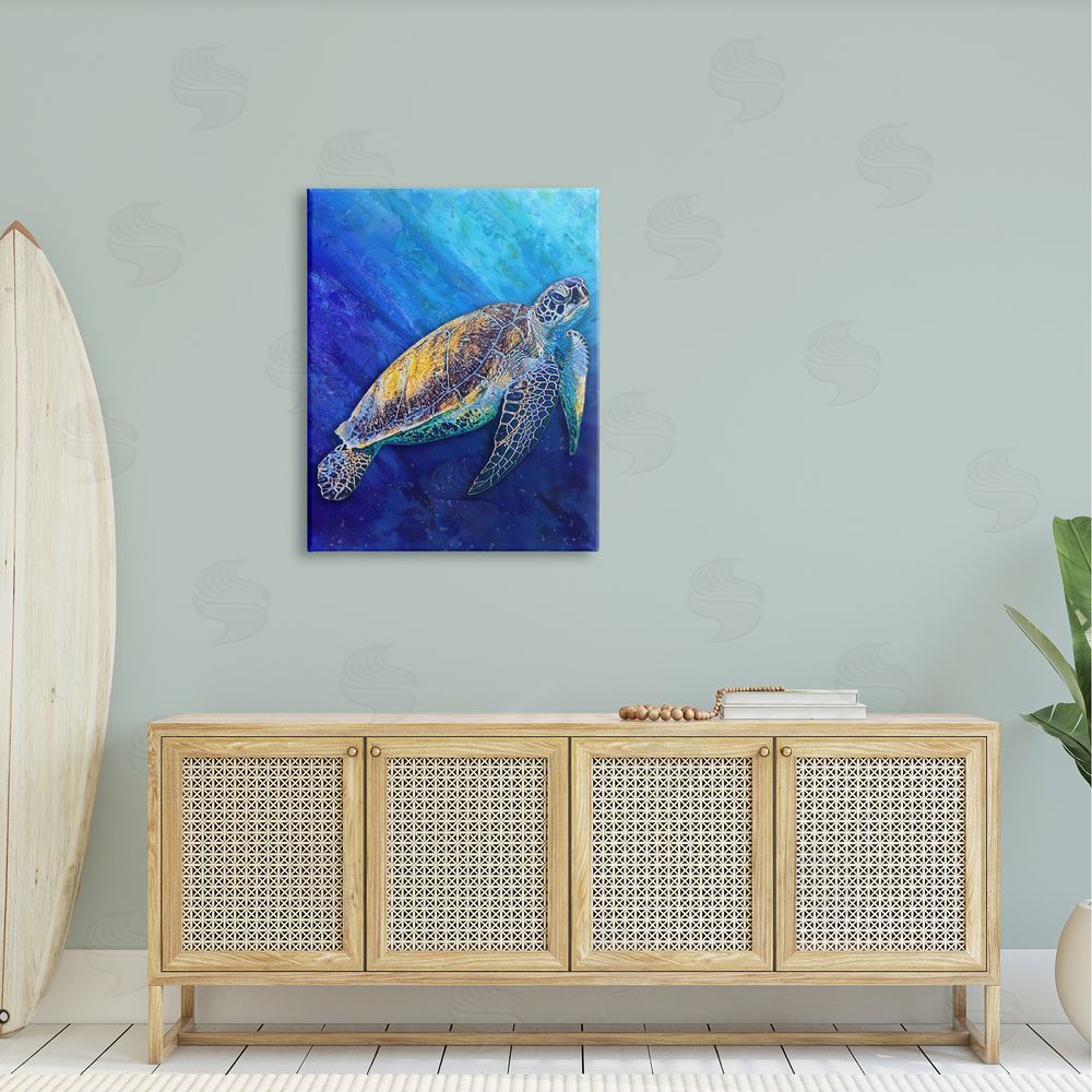 Alpenglow Workshop Sea Turtle Swimming Deep Blue Ocean Under Water  Canvas Wall Art Print in Room