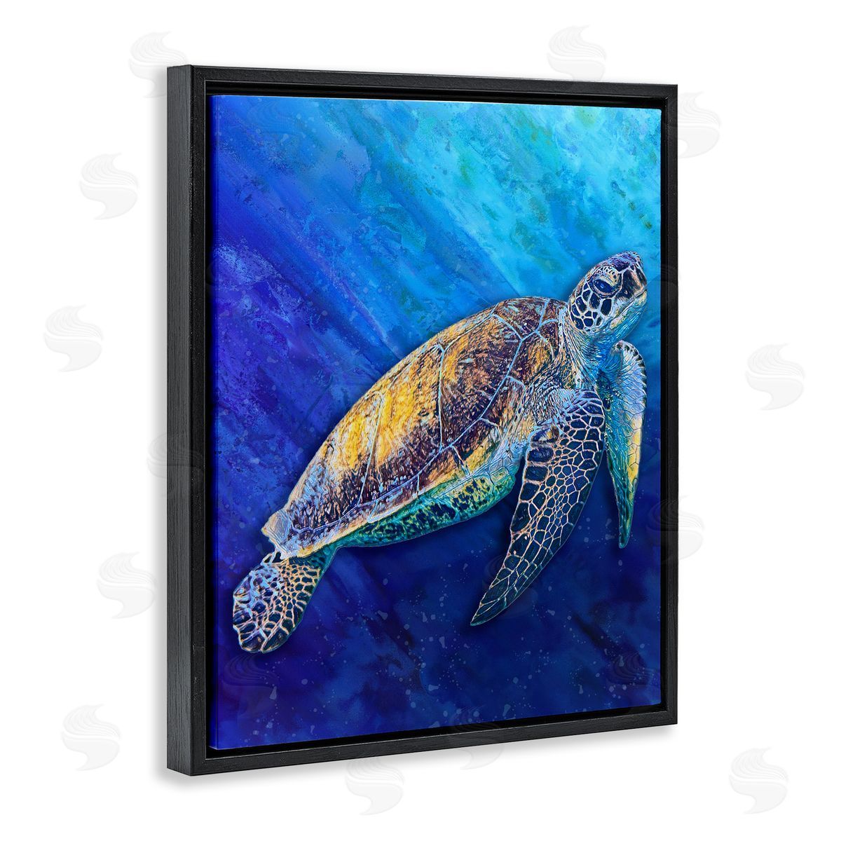 Alpenglow Workshop Sea Turtle Swimming Deep Blue Ocean Under Water  Black Floating Frame Canvas Wall Art Print