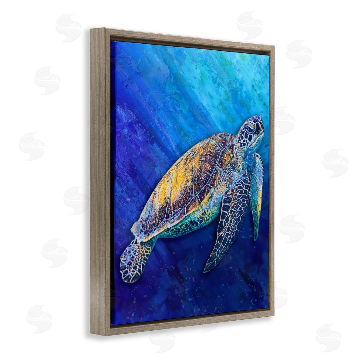 Alpenglow Workshop Sea Turtle Swimming Deep Blue Ocean Under Water  Brown Floating Frame Canvas Wall Art Print