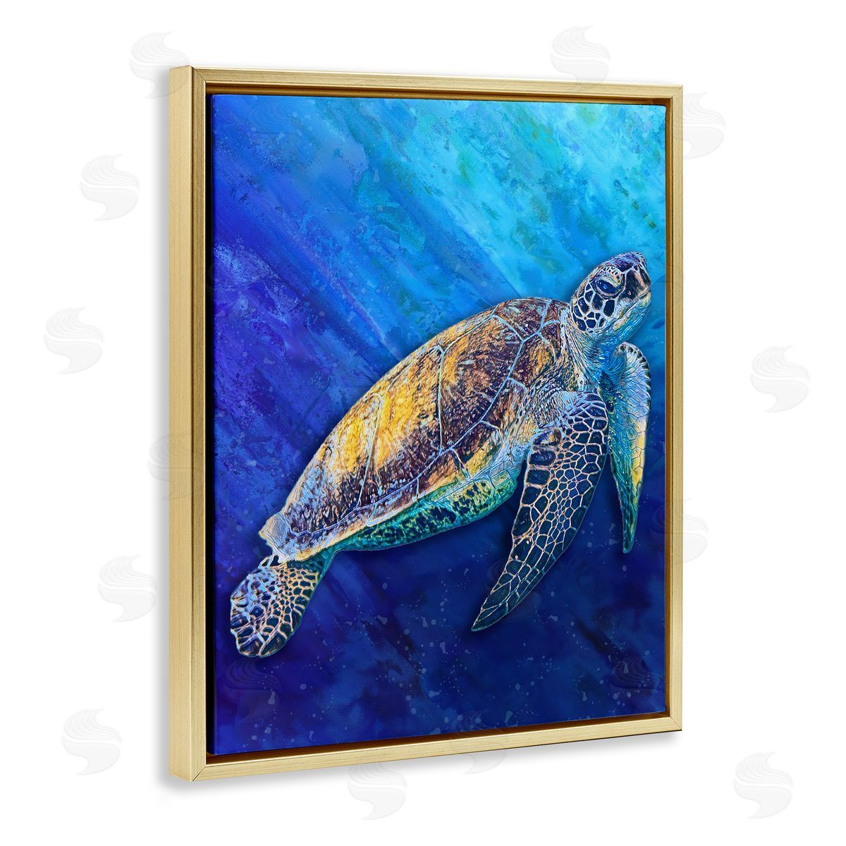 Alpenglow Workshop Sea Turtle Swimming Deep Blue Ocean Under Water  Gold Floating Frame Canvas Wall Art Print