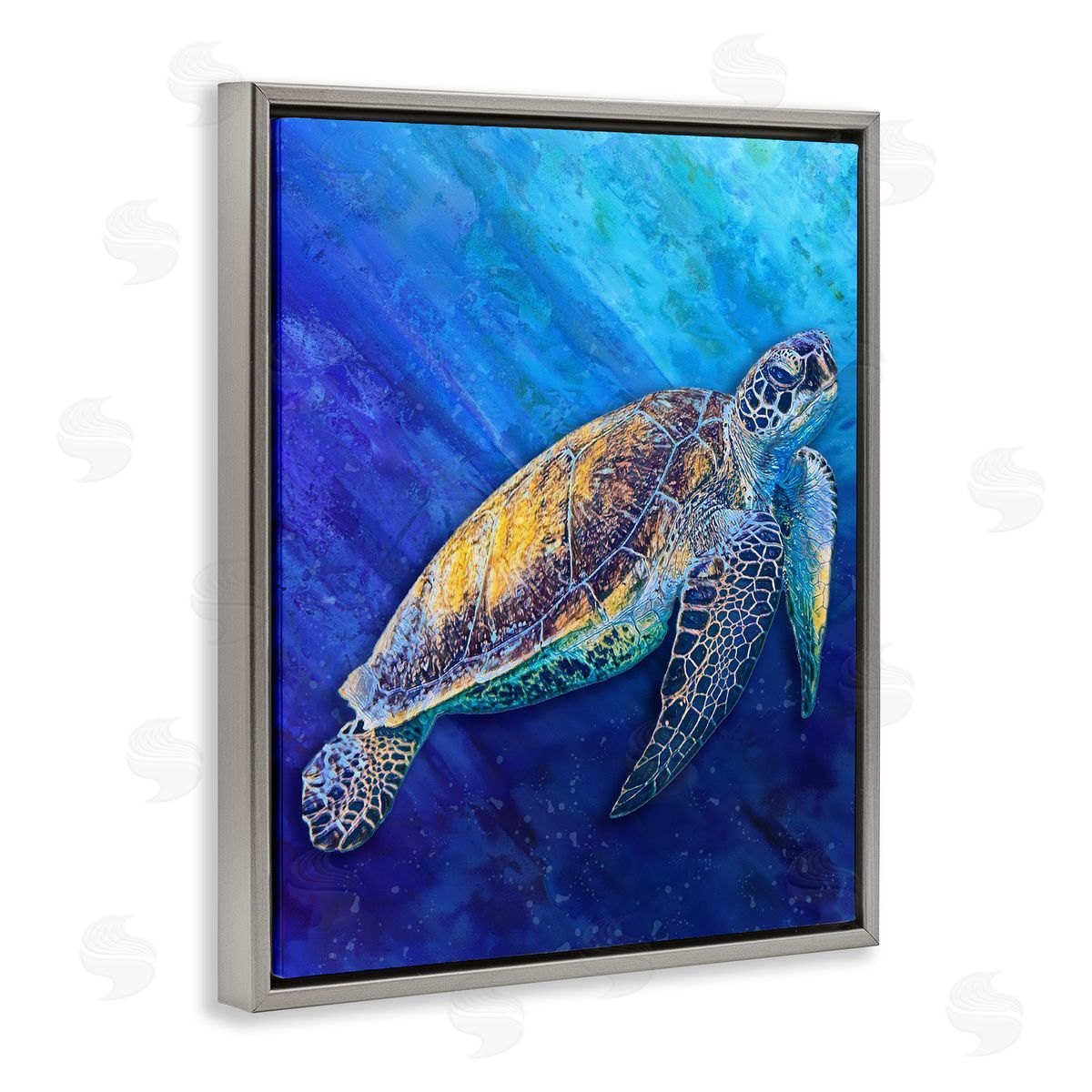 Alpenglow Workshop Sea Turtle Swimming Deep Blue Ocean Under Water  Gray Floating Frame Canvas Wall Art Print