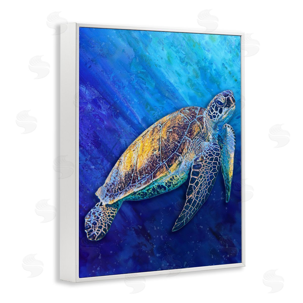 Alpenglow Workshop Sea Turtle Swimming Deep Blue Ocean Under Water  White Framed Giclee Wall Art Print