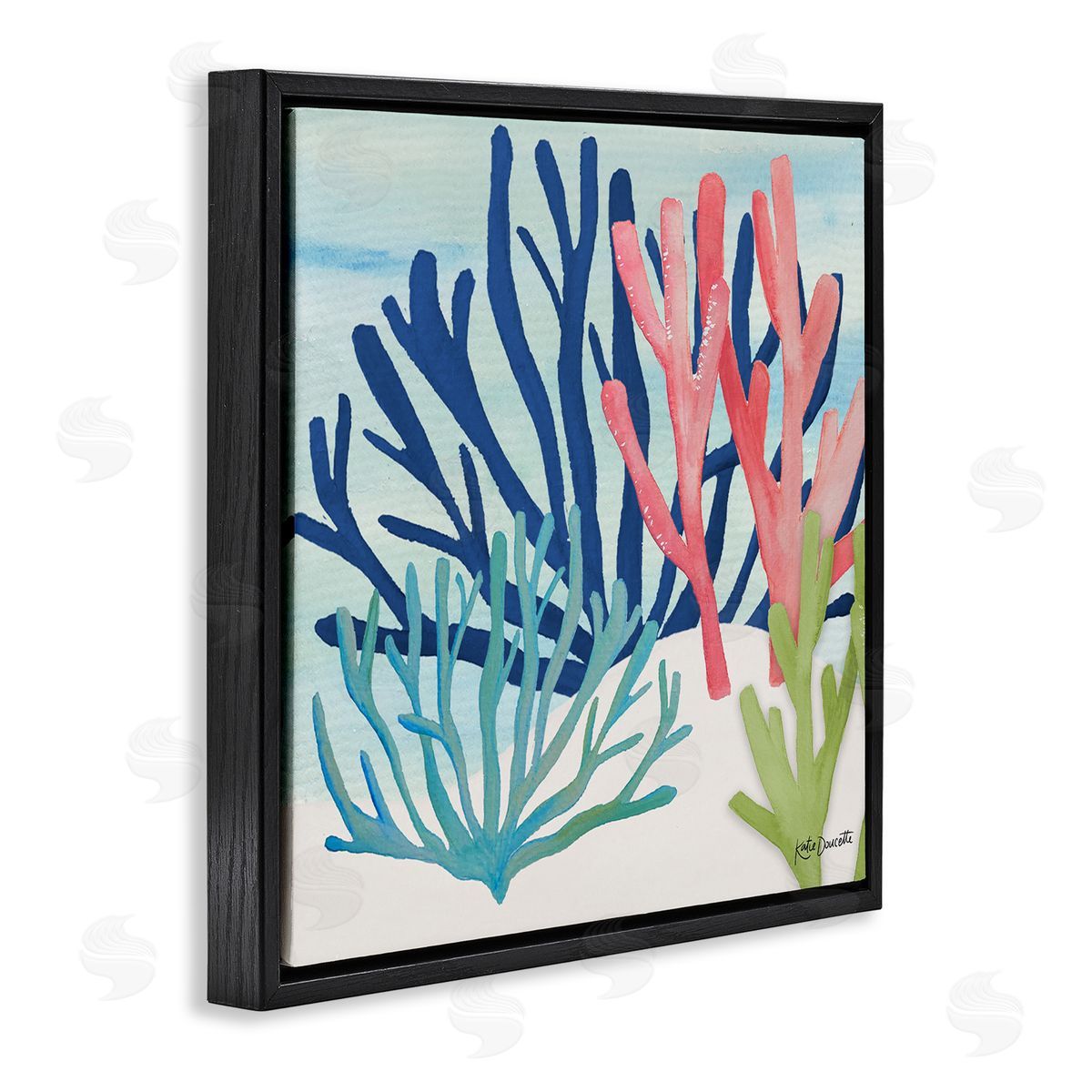 Katie Doucette Underwater Sea Life Blue Pink Ocean Coral Reef Black Floating Frame Canvas Wall Art Print