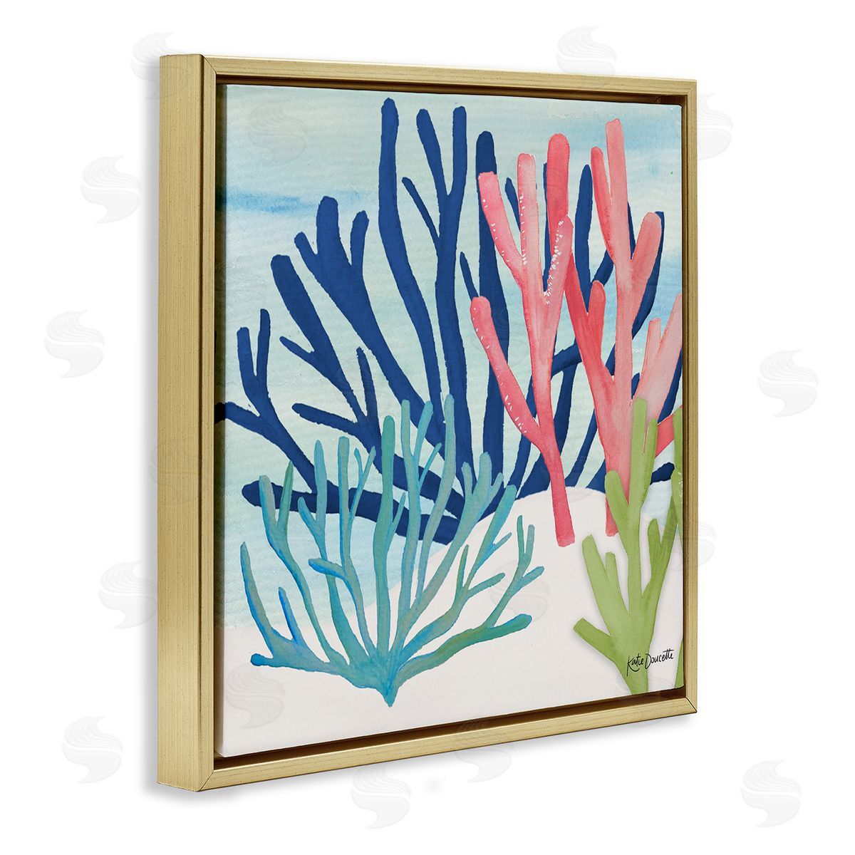 Katie Doucette Underwater Sea Life Blue Pink Ocean Coral Reef Gold Floating Frame Canvas Wall Art Print