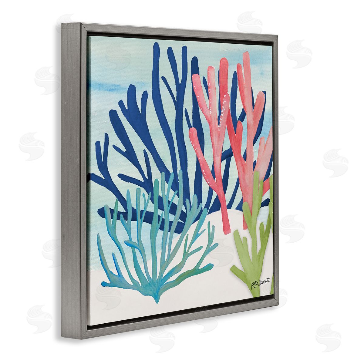 Katie Doucette Underwater Sea Life Blue Pink Ocean Coral Reef Gray Floating Frame Canvas Wall Art Print