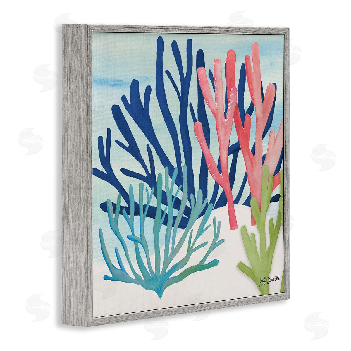 Katie Doucette Underwater Sea Life Blue Pink Ocean Coral Reef Gray Framed Glicee Wall Art Print