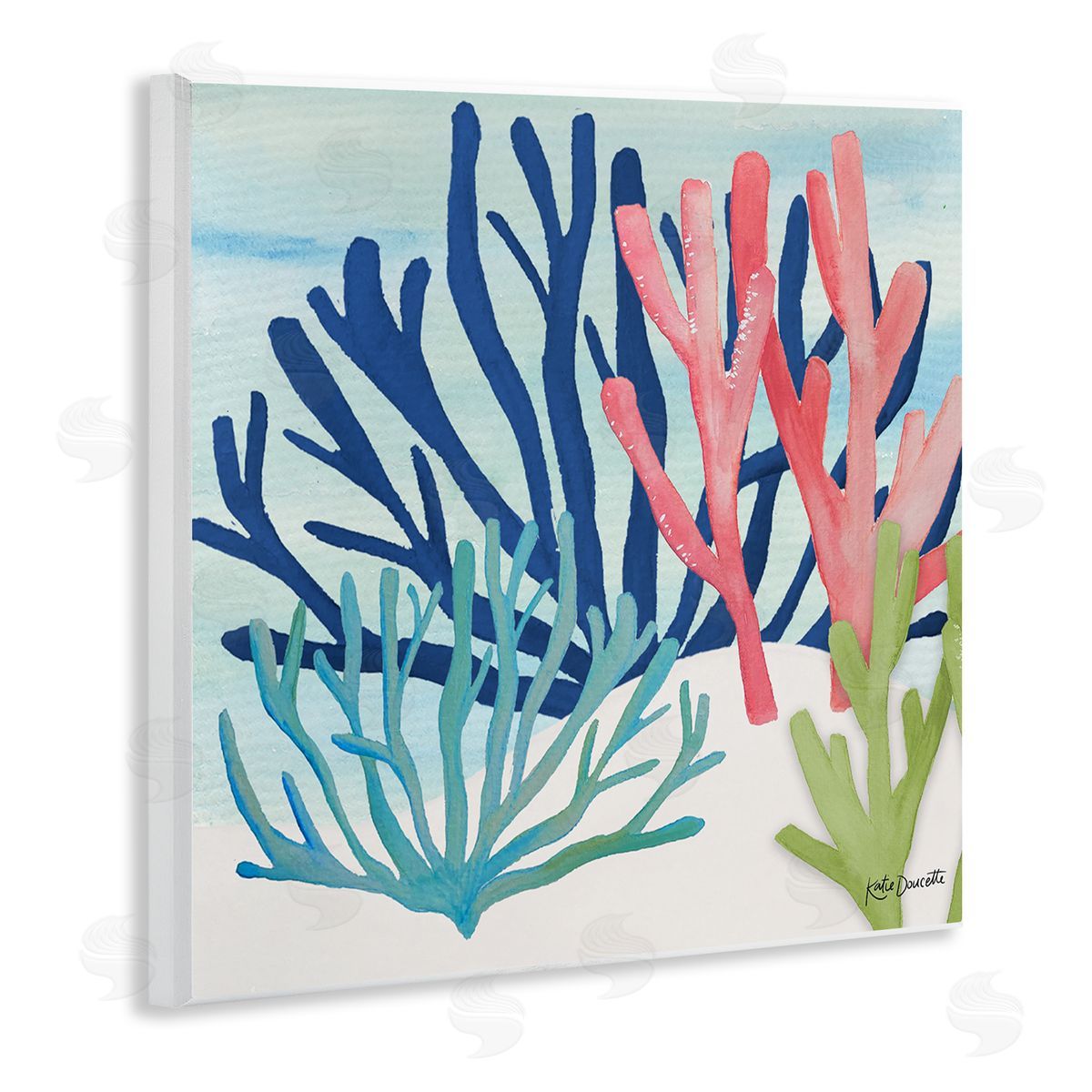 Katie Doucette Underwater Sea Life Blue Pink Ocean Coral Reef Wooden Wall Plaque Art Print