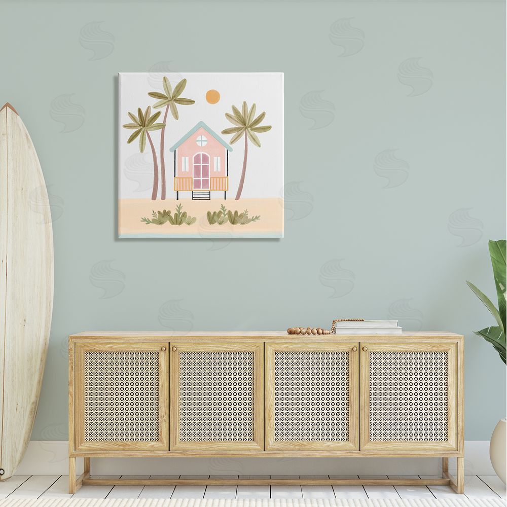 Nina Muis Surface Design Tropical Summer Paradise Beachside House Palm Trees  Canvas Wall Art in Room