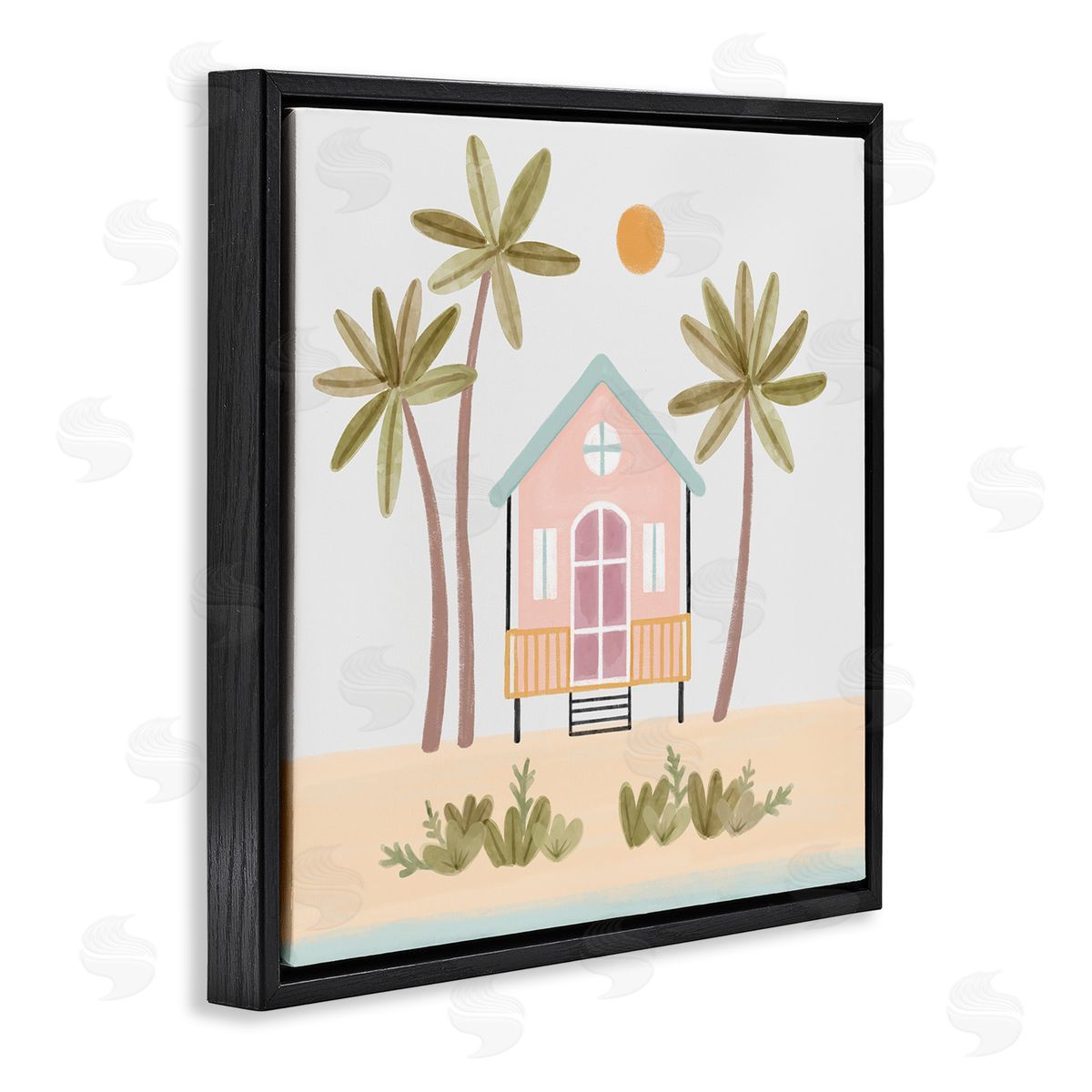 Nina Muis Surface Design Tropical Summer Paradise Beachside House Palm Trees  Black Floating Frame Canvas Wall Art Print