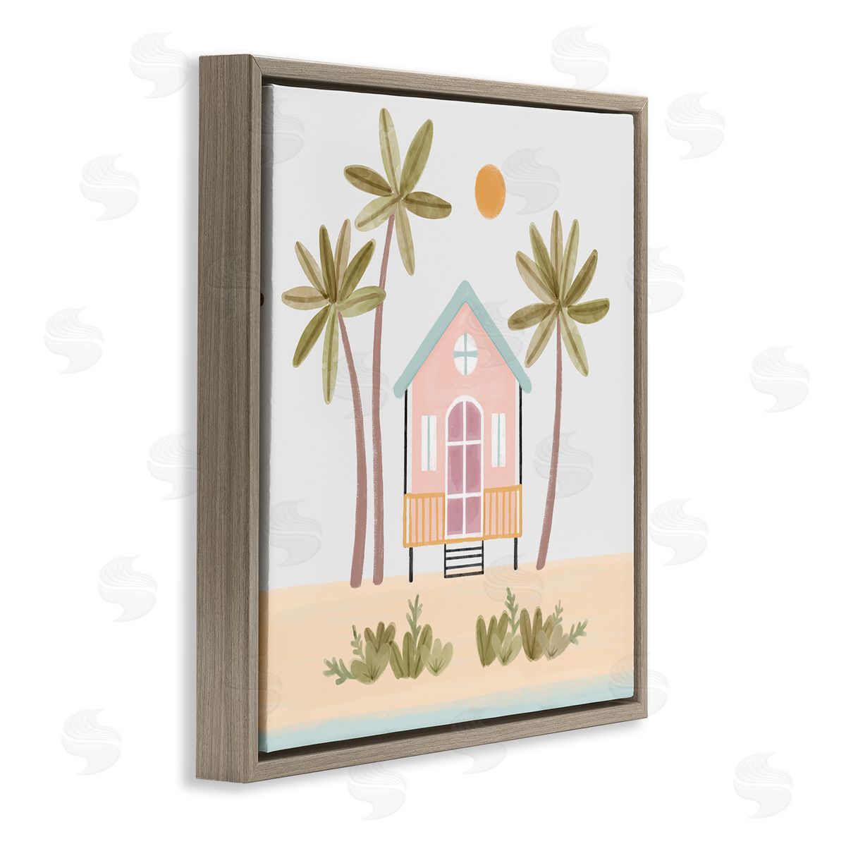 Nina Muis Surface Design Tropical Summer Paradise Beachside House Palm Trees  Brown Floating Frame Canvas Wall Art Print