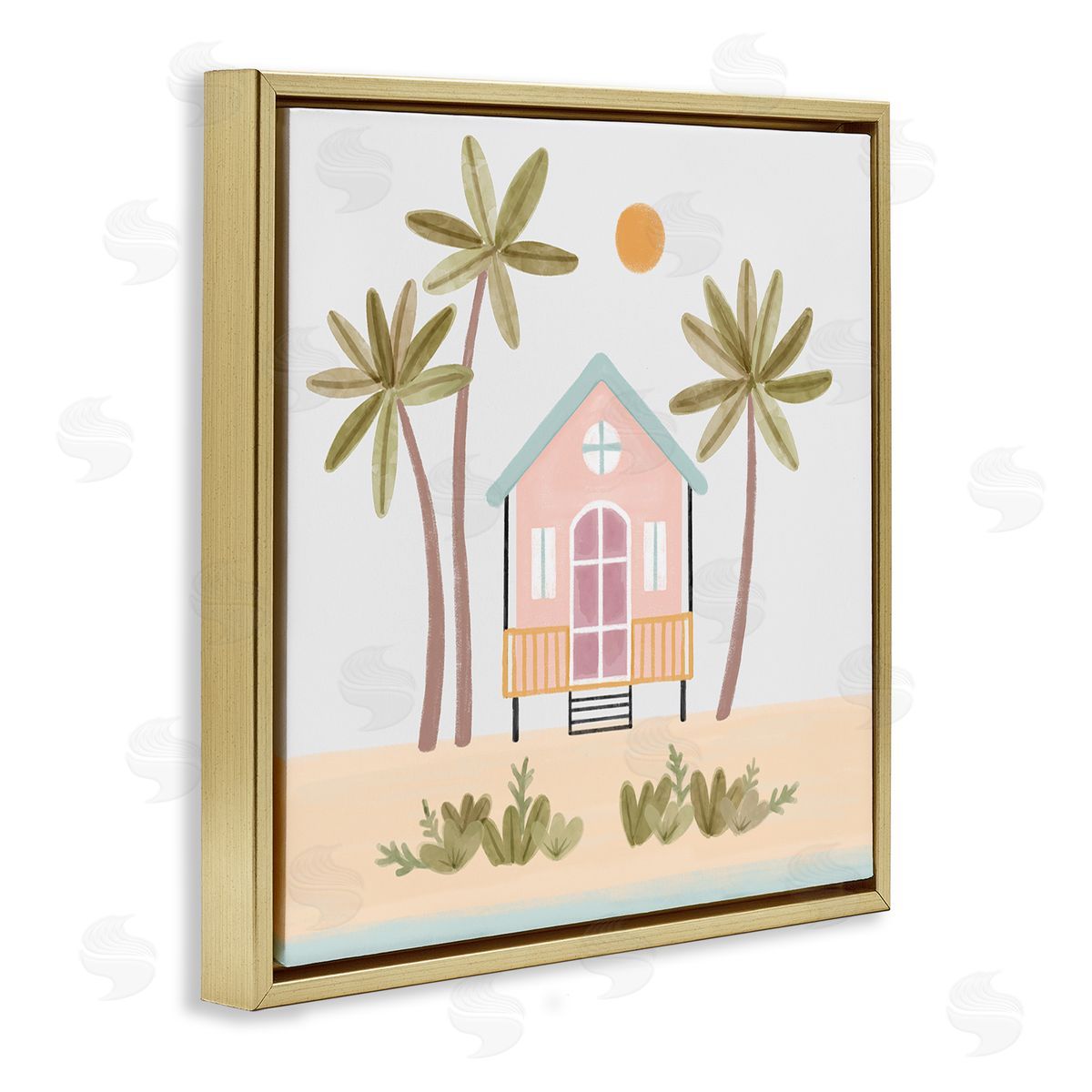 Nina Muis Surface Design Tropical Summer Paradise Beachside House Palm Trees  Gold Floating Frame Canvas Wall Art Print
