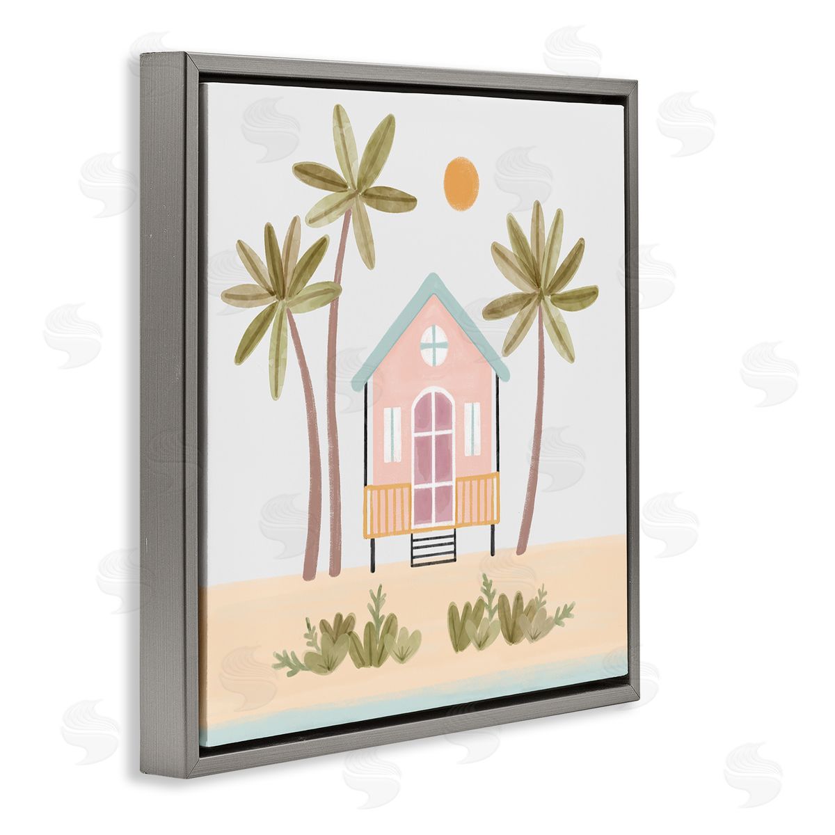Nina Muis Surface Design Tropical Summer Paradise Beachside House Palm Trees  Gray Floating Frame Canvas Wall Art Print
