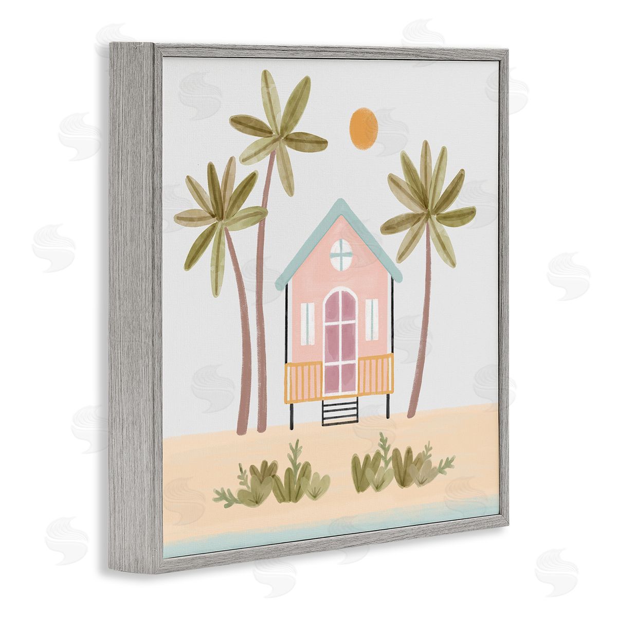 Nina Muis Surface Design Tropical Summer Paradise Beachside House Palm Trees  Gray Framed Glicee Wall Art Print
