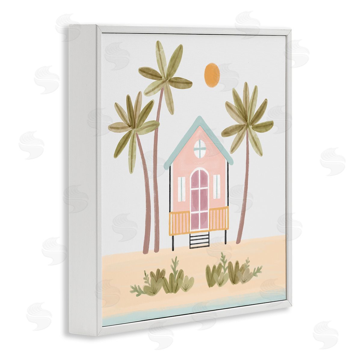 Nina Muis Surface Design Tropical Summer Paradise Beachside House Palm Trees  White Framed Glicee Wall Art Print