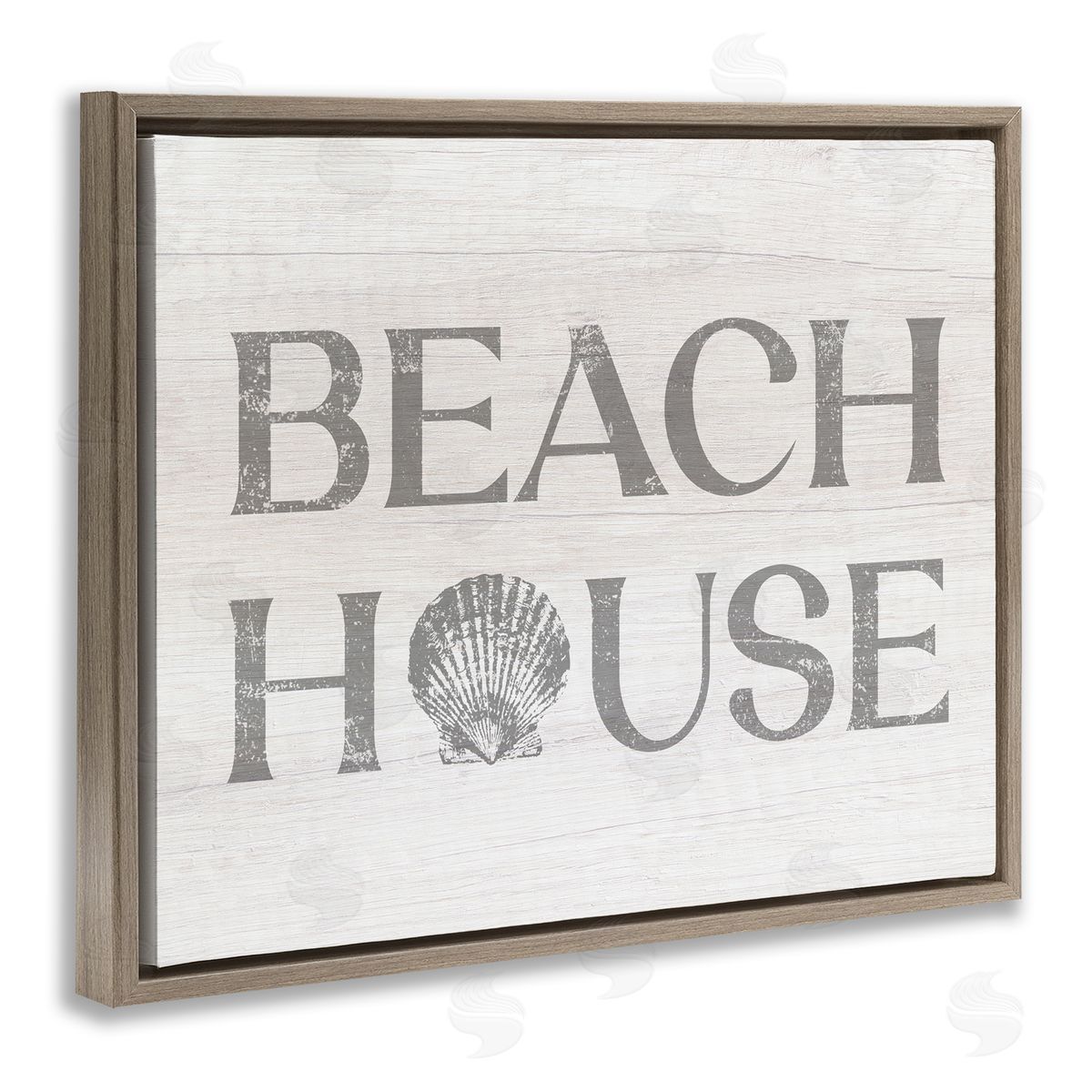 Stupell Studio Beach House Text Vintage Clam Seashell  Brown Floating Frame Canvas Wall Art Print