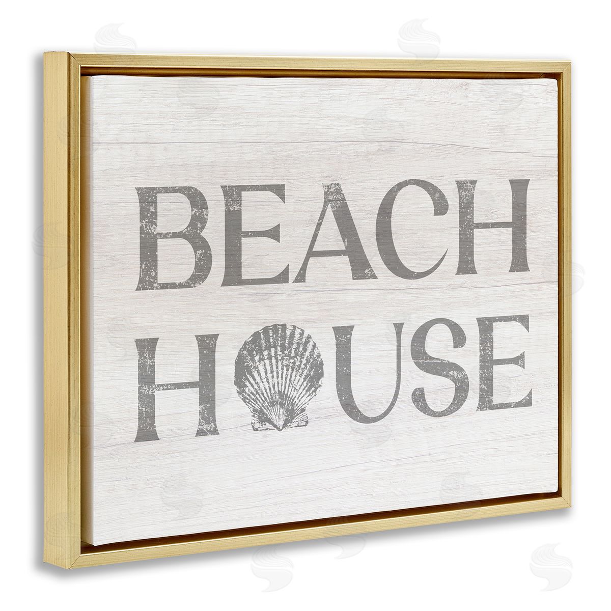 Stupell Studio Beach House Text Vintage Clam Seashell  Gold Floating Frame Canvas Wall Art Print