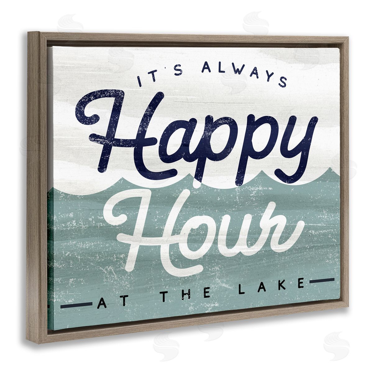 Stupell Studio Always Happy Hour Vintage Lake House Wave Signage  Brown Floating Frame Canvas Wall Art Print