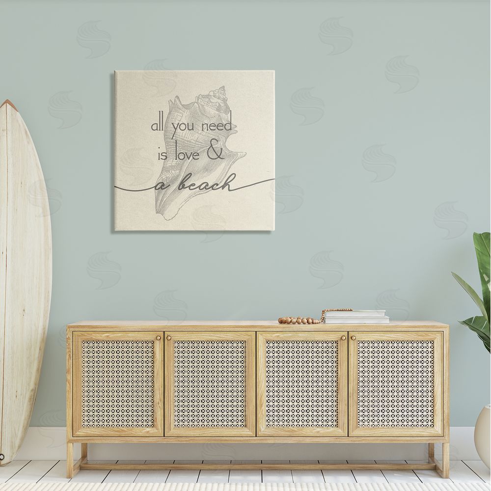 Stupell Studio Love & Beach Typography Phrase Seashell Motif  Canvas Wall Art in Room