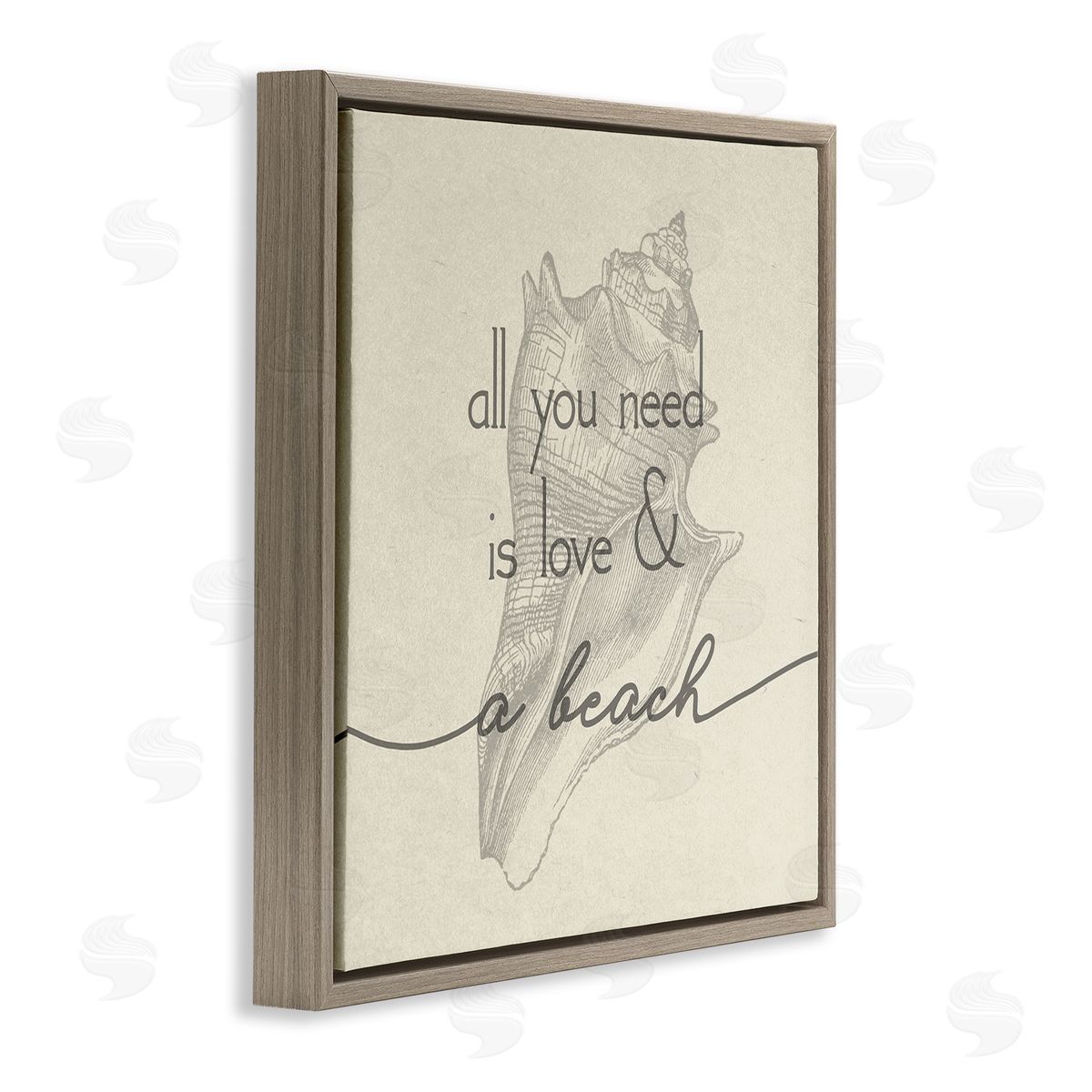 Stupell Studio Love & Beach Typography Phrase Seashell Motif  Brown Floating Frame Canvas Wall Art Print