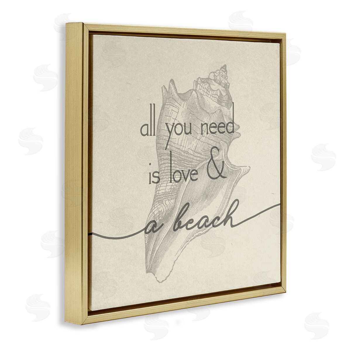 Stupell Studio Love & Beach Typography Phrase Seashell Motif  Gold Floating Frame Canvas Wall Art Print