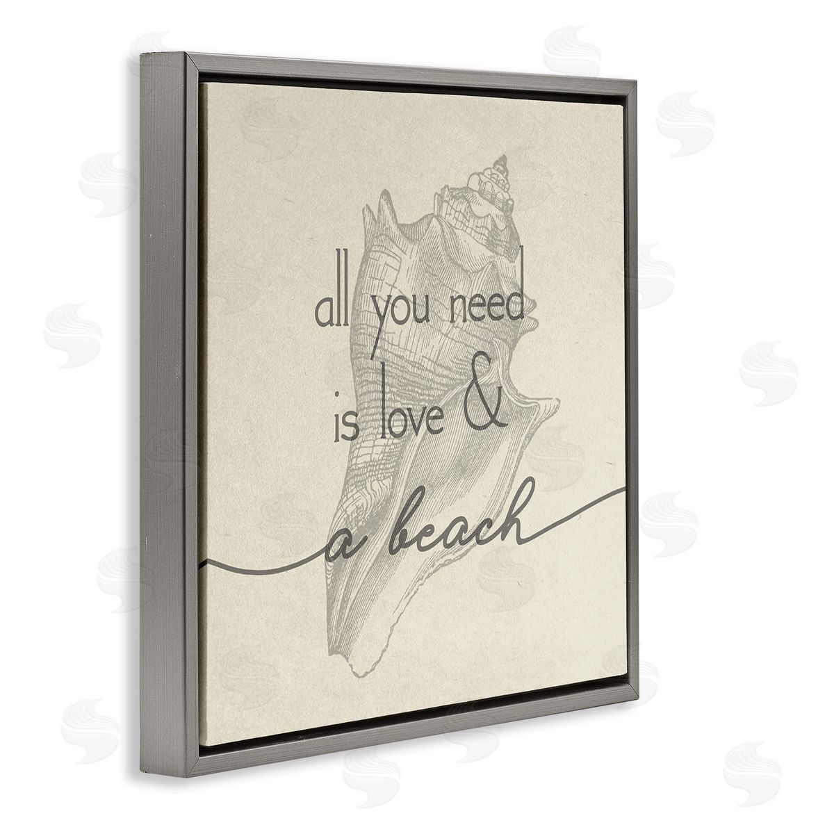 Stupell Studio Love & Beach Typography Phrase Seashell Motif  Gray Floating Frame Canvas Wall Art Print