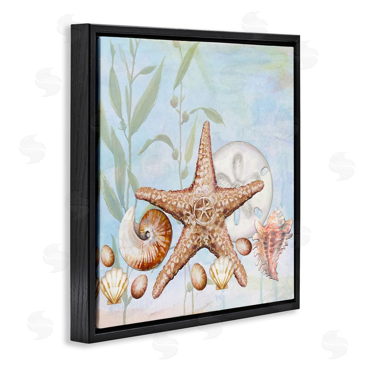 Diannart Starfish Seashells Underwater Plants Ocean Beach Painting  Black Floating Frame Canvas Wall Art Print