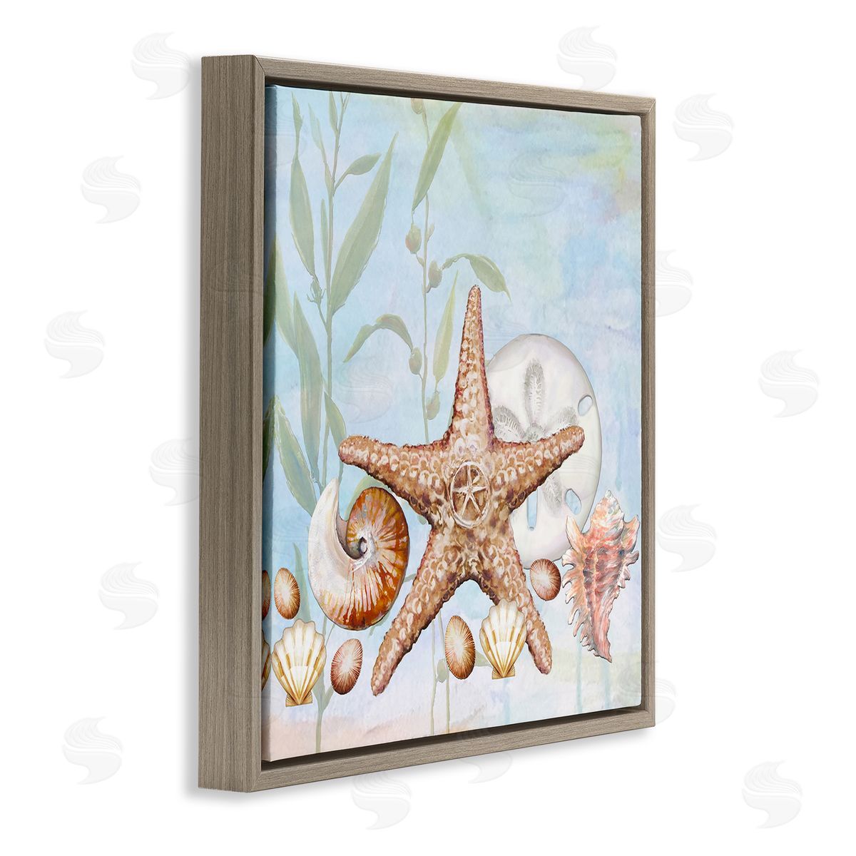 Diannart Starfish Seashells Underwater Plants Ocean Beach Painting  Brown Floating Frame Canvas Wall Art Print