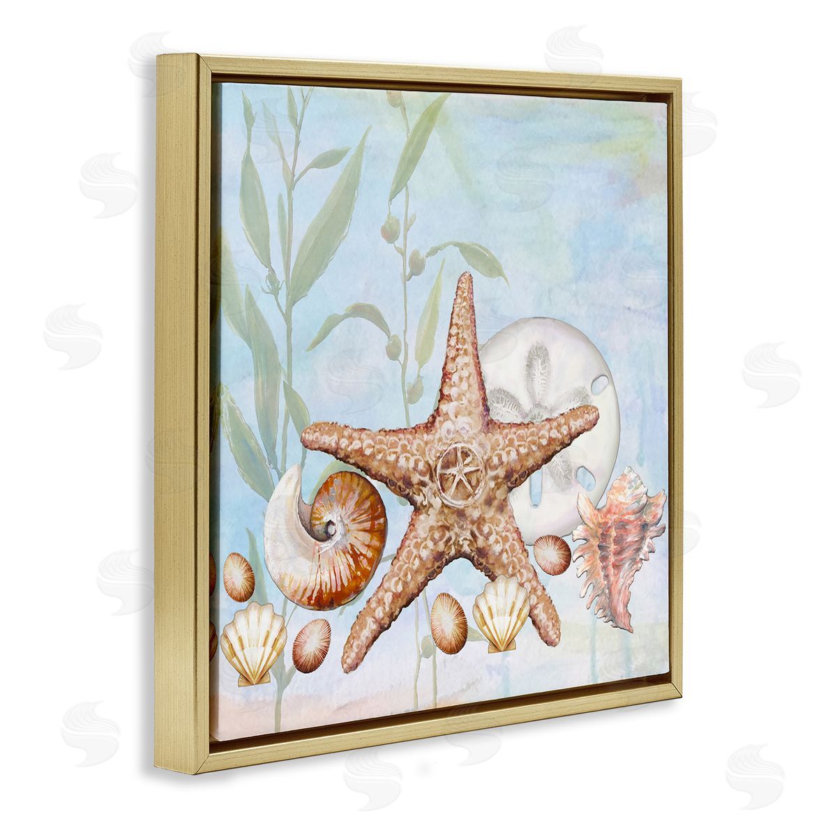 Diannart Starfish Seashells Underwater Plants Ocean Beach Painting  Gold Floating Frame Canvas Wall Art Print