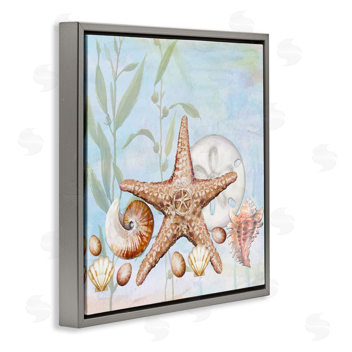 Diannart Starfish Seashells Underwater Plants Ocean Beach Painting  Gray Floating Frame Canvas Wall Art Print