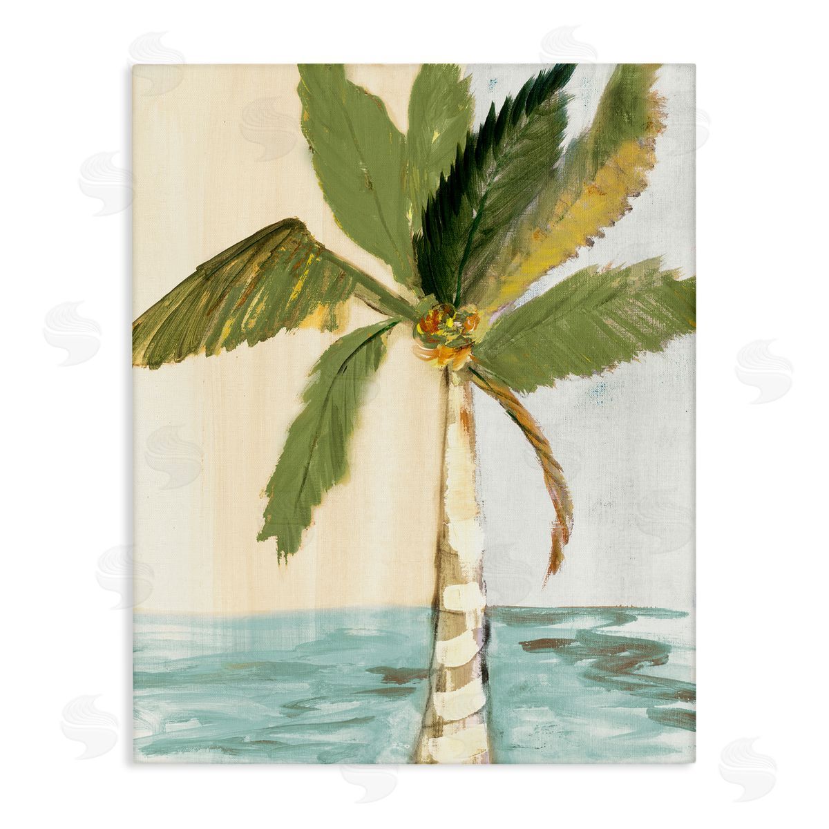 Robin Maria Green Palm Tree Leaves Coconuts Oceanfront Beach Stretched Canvas Wall Art Print