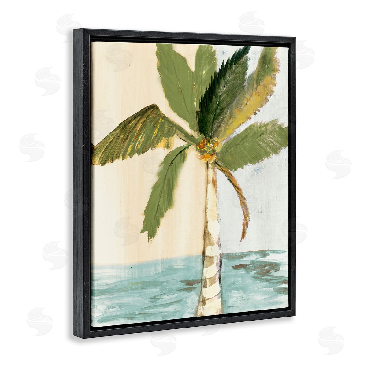 Robin Maria Green Palm Tree Leaves Coconuts Oceanfront Beach Black Floating Frame Canvas Wall Art Print