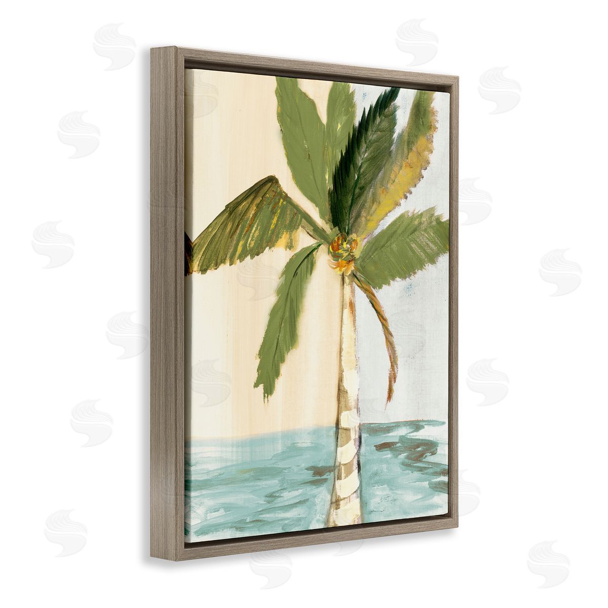 Robin Maria Green Palm Tree Leaves Coconuts Oceanfront Beach Brown Floating Frame Canvas Wall Art Print