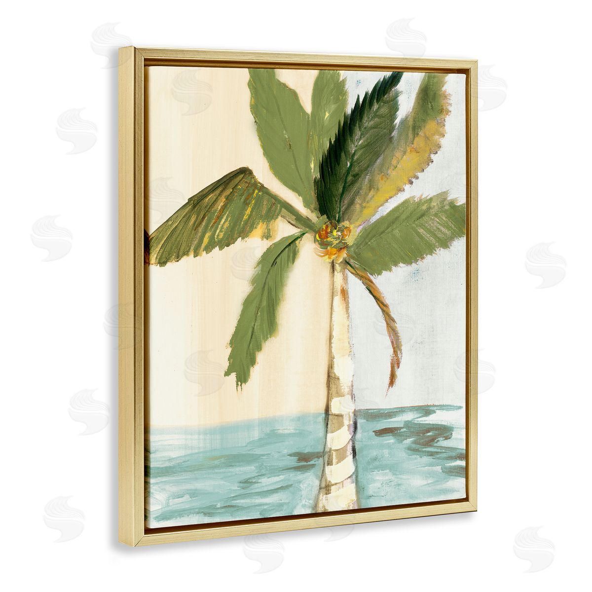 Robin Maria Green Palm Tree Leaves Coconuts Oceanfront Beach Gold Floating Frame Canvas Wall Art Print