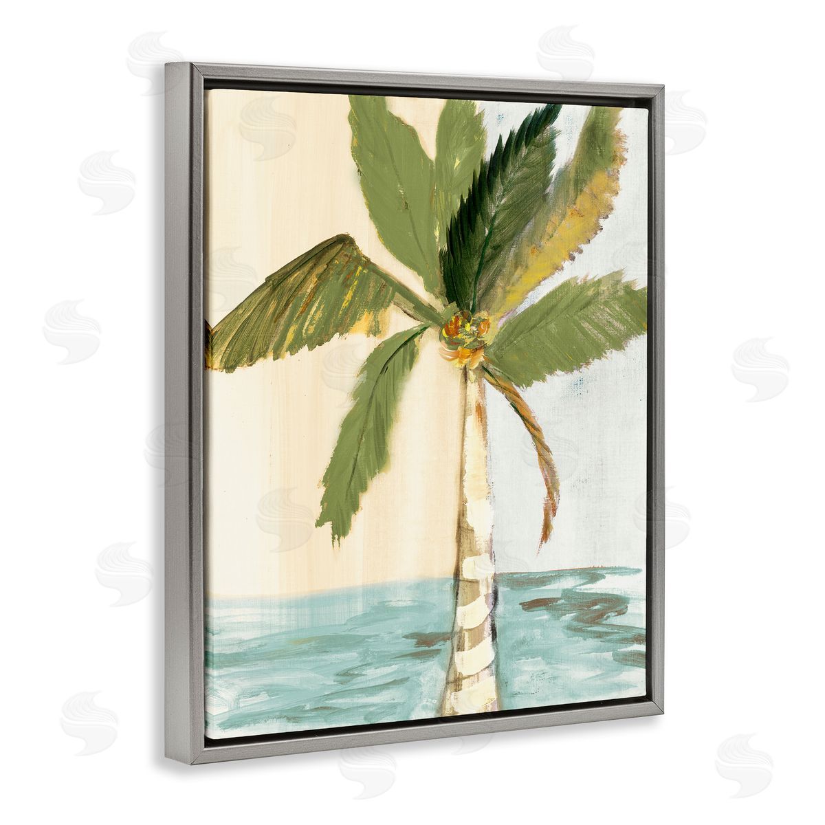 Robin Maria Green Palm Tree Leaves Coconuts Oceanfront Beach Gray Floating Frame Canvas Wall Art Print