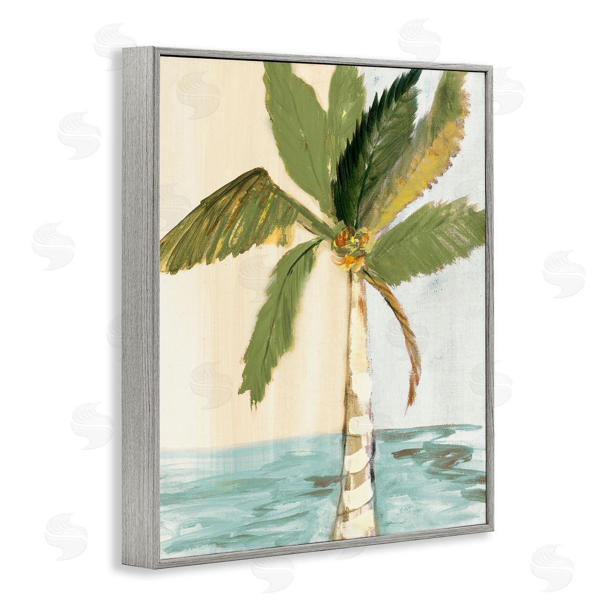 Robin Maria Green Palm Tree Leaves Coconuts Oceanfront Beach Gray Framed Giclee Wall Art Print