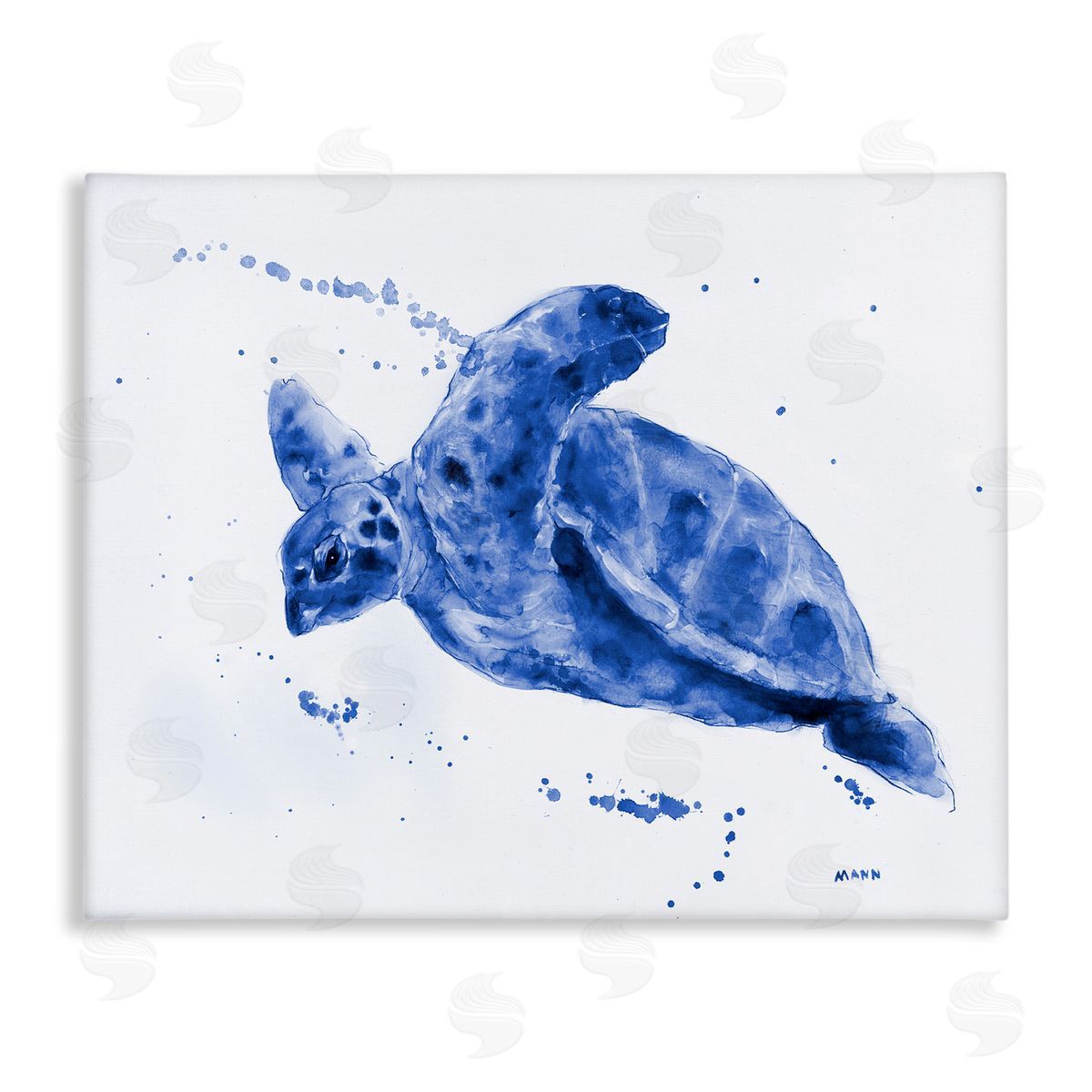 Patti Mann Blue Sea Turtle Splashing Water Bubbles Stretched Canvas Wall Art Print